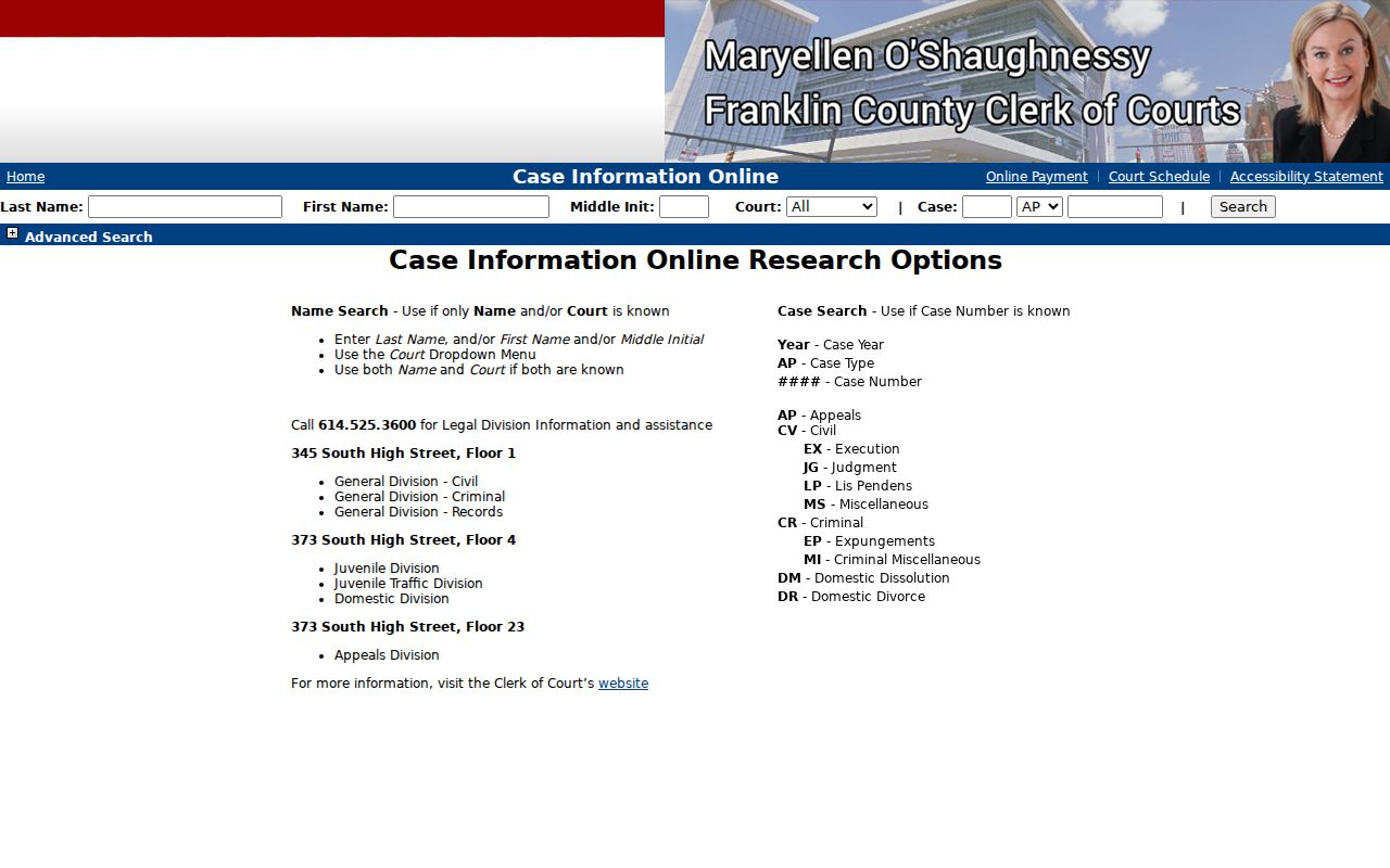 Norwich Township residents directory Franklin County Clerk case search