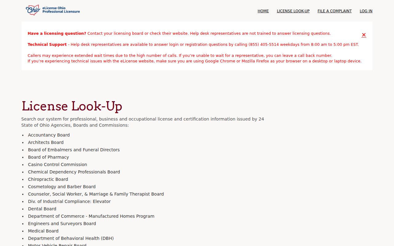 Norwich Township resident lookup Ohio eLicense Verify search screen